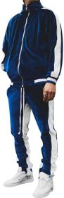 Men's 2 Pieces Full Zip Tracksuits Golden Velvet Thickening Sport Suits Casual Outfits Jacket & Pants Fitness Tracksuit Sets - S - navy